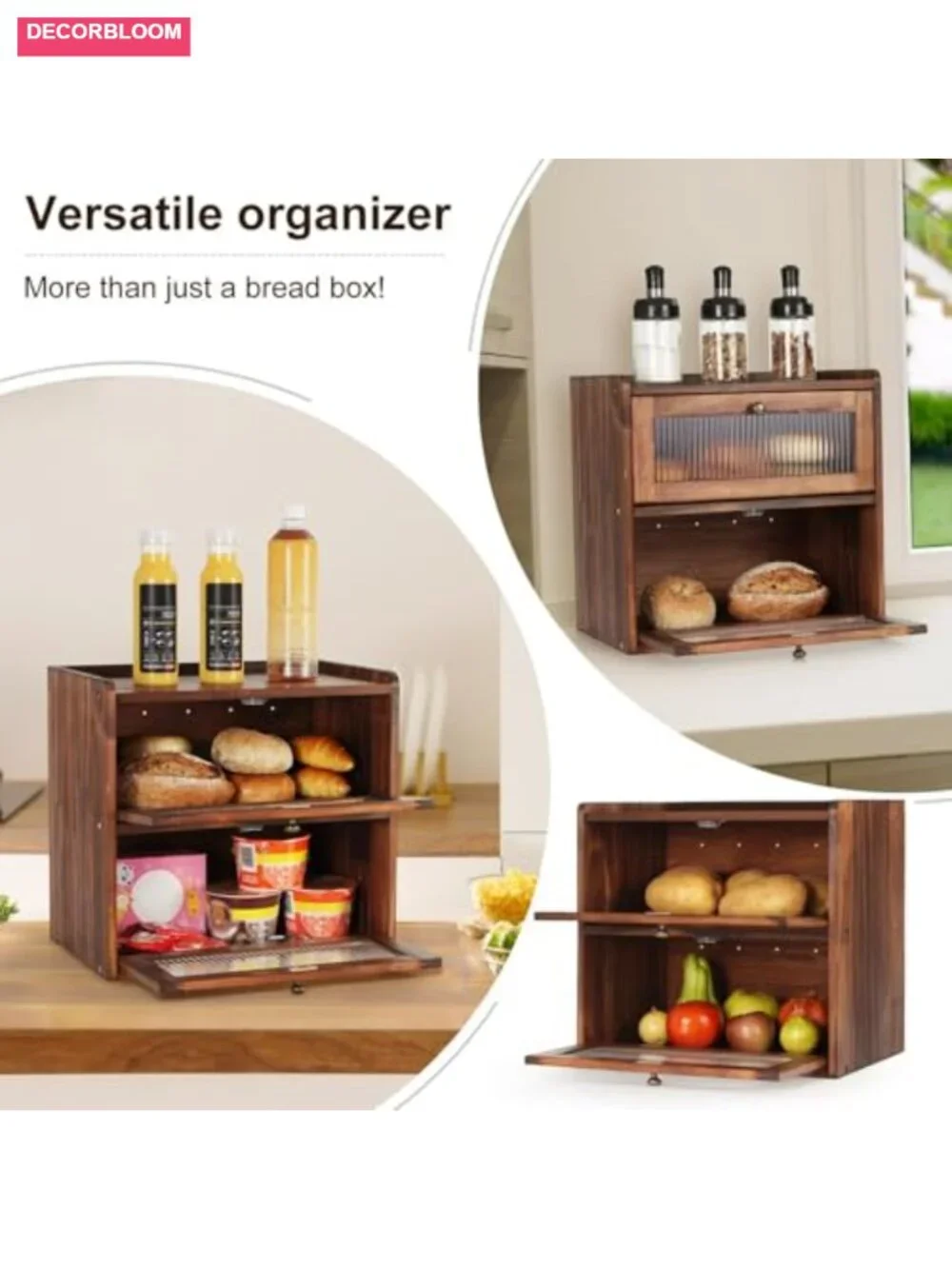 Large Wooden Bread Box for Kitchen Countertop Storage with Acrylic Window